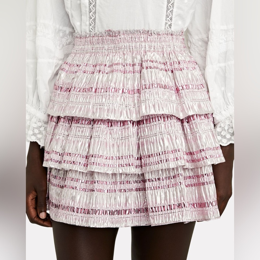 LOVESHACKFANCY PINK/SILVER METALLIC RUFFLED BRYNLEE SKIRT SIZE S OBO
